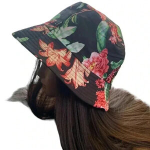 Boutique Handcrafted Black Tropical Floral Print OSFM Beach Bucket Hat